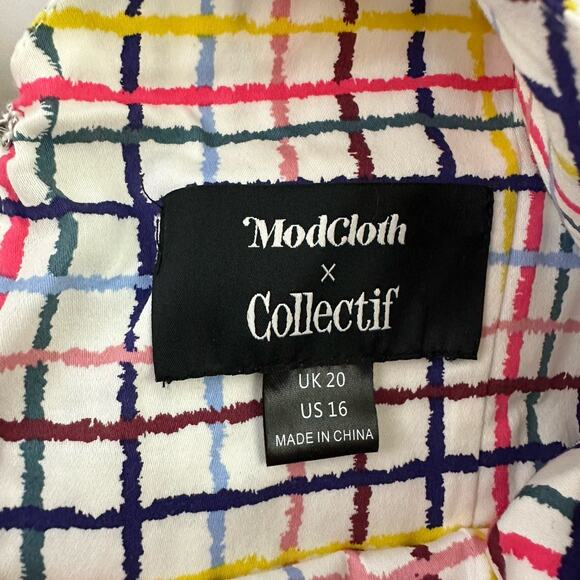 Modcloth Collectif Womens Retro Midi Dress Size 16 US White Rainbow Plaid Pocket - Picture 7 of 15